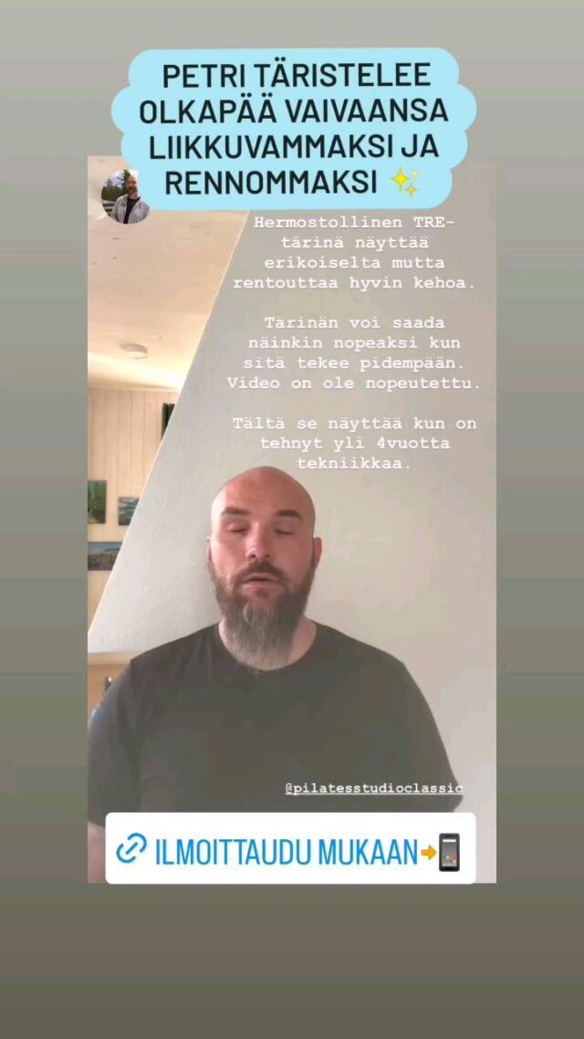 🙏Kurkkaa ajanvarauksesta Petrin tulevat tunnit ja kurssit ja Ilmoittaudu mukaan📬☀️Tulossa hyvinvointi viikonloppu 13.4-14.4.2024.
Tarjolla TRE-alkeet ja syventävä tunteja, miesten workshop ja hierontaa. Valitse näistä itsellesi lisää mielen hyvinvointia ja rentoutta kehoon. 💆🧘#pilatesstudioclassic #pilateskerttu #pilates #pilatessuomi #pilatesjyväskylä #petrihast #tremenetelmä #tre #tensionreleasingexercises #jyväskylä #terveys #kuokkala #ahdistus #jännittää #jyväskylä #hyvinvointi #itsehoito #rentoudu #syvärentoutus #hieronta #miestenworkshop #luonnollinen